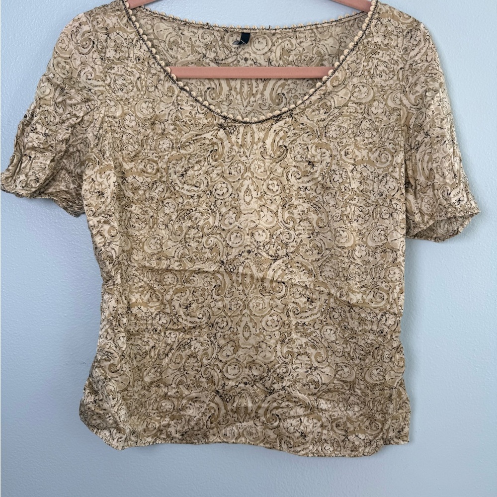 Tahari Silk Gold-Print Short Sleeve Scoop Neck Top